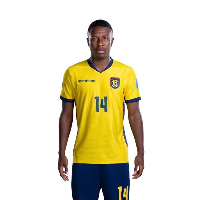 Ecuador National Football Team 2026 World Cup Jersey (Player/Match Version) — Midfielders: No. 14 Alan Minda, No. 15 Pedro Vite, No. 18 Denil Castillo./ Centrocampistas: N.° 14 Alan MINDA, N.° 15 Pedro VITE, N.° 18 Denil CASTILLO