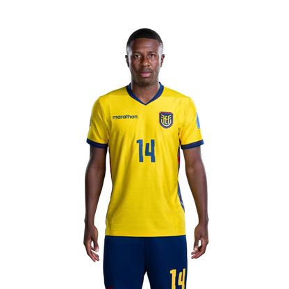 Ecuador National Football Team 2026 World Cup Jersey (Player/Match Version) — Midfielders: No. 14 Alan Minda, No. 15 Pedro Vite, No. 18 Denil Castillo./ Centrocampistas: N.° 14 Alan MINDA, N.° 15 Pedro VITE, N.° 18 Denil CASTILLO