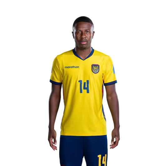 Ecuador National Football Team 2026 World Cup Jersey (Player/Match Version) — Midfielders: No. 14 Alan Minda, No. 15 Pedro Vite, No. 18 Denil Castillo./ Centrocampistas: N.° 14 Alan MINDA, N.° 15 Pedro VITE, N.° 18 Denil CASTILLO