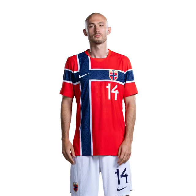 Norway National Team 2026 World Cup Jersey (Player/Match Version) — Midfielders: No. 10 Martin Ødegaard, No. 14 Fredrik Aursnes, No. 18 Kristian Thorstvedt / Midtbanespillere: nr.10 Martin ODEGAARD, nr.14 Fredrik AURSNES, nr.18 Kristian Thorstvedt