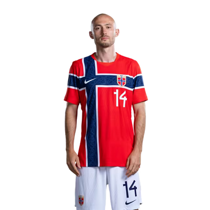 Norway National Team 2026 World Cup Jersey (Player/Match Version) — Midfielders: No. 10 Martin Ødegaard, No. 14 Fredrik Aursnes, No. 18 Kristian Thorstvedt / Midtbanespillere: nr.10 Martin ODEGAARD, nr.14 Fredrik AURSNES, nr.18 Kristian Thorstvedt