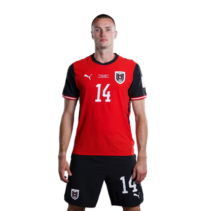 Austria National Team 2026 World Cup Jersey (Player Version/Match Issue) — Forwards: No. 7 Marko Arnautović, No. 11 Michael Gregoritsch, No. 14 Saša Kalajdžić, No. 21 Patrick Wimmer./ Österreichisches Nationalmannschaftstrikot für die WM