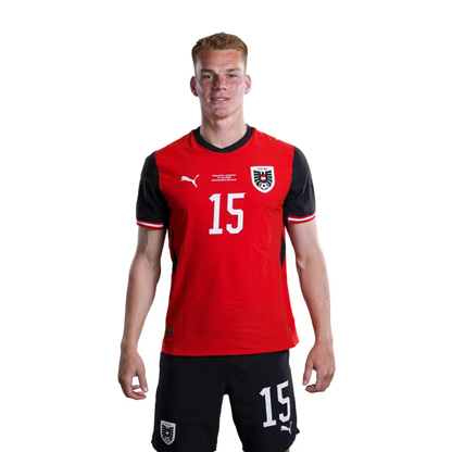 Austria National Team 2026 World Cup Jersey (Player Version/Match Issue) — Defenders: No. 8 David Alaba, No. 15 Philipp Lienhart, No. 16 Phillip Mwene/ Abwehrspieler: Nr. 8 David Alaba, Nr. 15 Philipp Lienhart, Nr. 16 Phillip Mwene