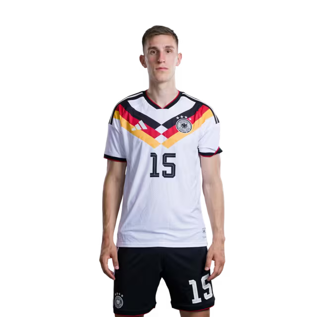 Trikot der deutschen Fußballnationalmannschaft für die Weltmeisterschaft 2026 (Spielerversion/Spielversion) — Verteidiger: Nr. 6 Joshua Kimmich, Nr. 15 Nico Schlotterbeck, Nr. 18 Nathaniel Brown