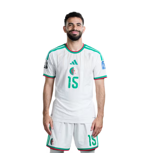 Algeria national football team 2026 World Cup jersey (player/match version) — Defenders: No. 5 Zineddine Belaid, No. 13 Jaouen Hadjam, No. 15 Rayan Aït-Nouri./المدافعون: رقم 5 زين الدين بلعيد، رقم 13 جاوين حاج، رقم 15 ريان آيت نوري