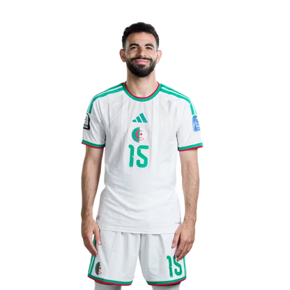 Algeria national football team 2026 World Cup jersey (player/match version) — Defenders: No. 5 Zineddine Belaid, No. 13 Jaouen Hadjam, No. 15 Rayan Aït-Nouri./المدافعون: رقم 5 زين الدين بلعيد، رقم 13 جاوين حاج، رقم 15 ريان آيت نوري