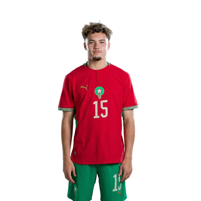 Morocco national football team 2026 World Cup jersey (player/match version) — Midfielders: No. 8 Azzedine Ounahi, No. 11 Ismael Saibari, No. 15 Samir El Mourabet./ لاعبو خط الوسط: رقم 8 عز الدين أوناحي، رقم 11 إسماعيل صيباري، رقم 15 سمير المرابط.