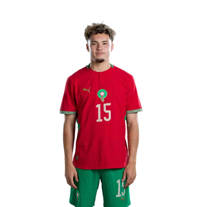Morocco national football team 2026 World Cup jersey (player/match version) — Midfielders: No. 8 Azzedine Ounahi, No. 11 Ismael Saibari, No. 15 Samir El Mourabet./ لاعبو خط الوسط: رقم 8 عز الدين أوناحي، رقم 11 إسماعيل صيباري، رقم 15 سمير المرابط.