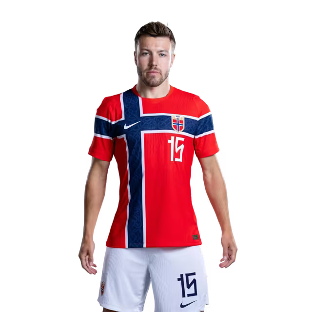 Norway National Football Team 2026 World Cup Jersey (Player Version/Match Version) — Defenders: No. 15 Fredrik Andre BJØRKAN, No. 16 Marcus HOLMGREN PEDERSEN, No. 17 Torbjørn HEGGEM / Norges landslag i fotball VM 2026-drakt