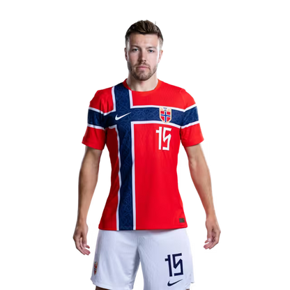 Norway National Football Team 2026 World Cup Jersey (Player Version/Match Version) — Defenders: No. 15 Fredrik Andre BJØRKAN, No. 16 Marcus HOLMGREN PEDERSEN, No. 17 Torbjørn HEGGEM / Norges landslag i fotball VM 2026-drakt
