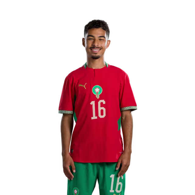 Morocco national football team 2026 World Cup jersey (Player/Match version) — Midfielders: No. 16 Yassine Kechta, No. 23 Bilal El Khannouss, No. 24 Neil El Aynaoui./ لاعبو الوسط: رقم 16 جسيم ياسين، رقم 23 بلال الخنوس، رقم 24 نيل العيناوي