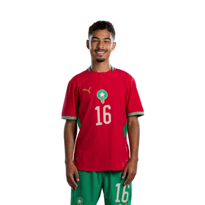 Morocco national football team 2026 World Cup jersey (Player/Match version) — Midfielders: No. 16 Yassine Kechta, No. 23 Bilal El Khannouss, No. 24 Neil El Aynaoui./ لاعبو الوسط: رقم 16 جسيم ياسين، رقم 23 بلال الخنوس، رقم 24 نيل العيناوي