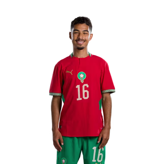 Morocco national football team 2026 World Cup jersey (Player/Match version) — Midfielders: No. 16 Yassine Kechta, No. 23 Bilal El Khannouss, No. 24 Neil El Aynaoui./ لاعبو الوسط: رقم 16 جسيم ياسين، رقم 23 بلال الخنوس، رقم 24 نيل العيناوي