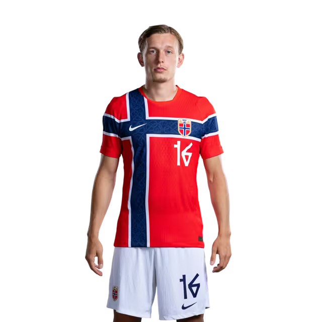 Norway National Football Team 2026 World Cup Jersey (Player Version/Match Version) — Defenders: No. 15 Fredrik Andre BJØRKAN, No. 16 Marcus HOLMGREN PEDERSEN, No. 17 Torbjørn HEGGEM / Norges landslag i fotball VM 2026-drakt