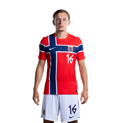 Norway National Football Team 2026 World Cup Jersey (Player Version/Match Version) — Defenders: No. 15 Fredrik Andre BJØRKAN, No. 16 Marcus HOLMGREN PEDERSEN, No. 17 Torbjørn HEGGEM / Norges landslag i fotball VM 2026-drakt