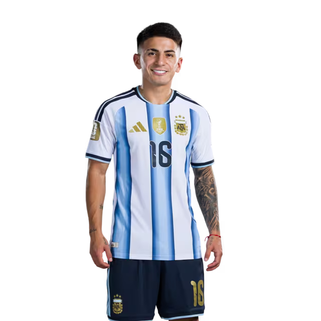 Argentina National Football Team 2026 World Cup Jersey (Player Version/Match Version) — Midfielders: No.9 Julian ALVAREZ, No.10 Lionel MESSI, No.16 Thiago ALMADA / Centrocampistas: N.º 9 Julián Álvarez, N.º 10 Lionel Messi, N.º 16 Thiago Almada