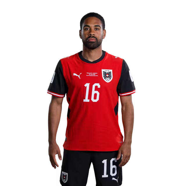 Austria National Team 2026 World Cup Jersey (Player Version/Match Issue) — Defenders: No. 8 David Alaba, No. 15 Philipp Lienhart, No. 16 Phillip Mwene/ Abwehrspieler: Nr. 8 David Alaba, Nr. 15 Philipp Lienhart, Nr. 16 Phillip Mwene