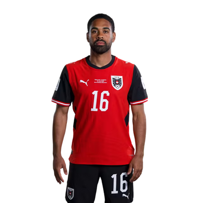 Austria National Team 2026 World Cup Jersey (Player Version/Match Issue) — Defenders: No. 8 David Alaba, No. 15 Philipp Lienhart, No. 16 Phillip Mwene/ Abwehrspieler: Nr. 8 David Alaba, Nr. 15 Philipp Lienhart, Nr. 16 Phillip Mwene