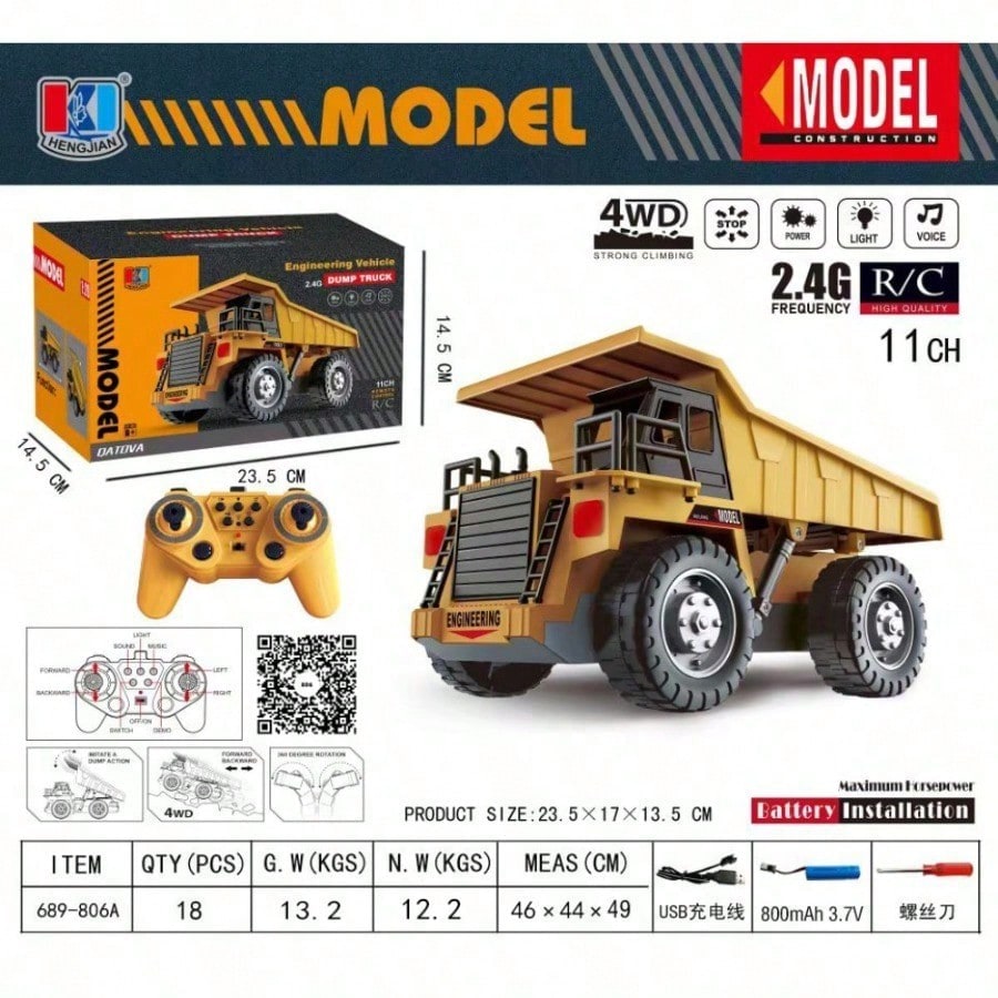 [Children's Day Gift]Grab It Now 1:20 RC Alloy Dump Truck Toy With Lights & Sound, 2.4G Remote Control Construction Vehicle For Kids, Rechargeable 13-Channel Dump Truck/Cyber Truck/Toys For Boys/Construction/Toys For Kids