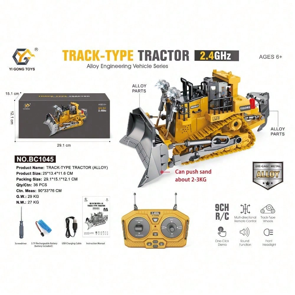 9 Channel Alloy RC Bulldozer – Heavy Duty 2.4GHz Remote Control Construction Truck With Metal Blade & Rechargeable Battery/Toys For Boys/Construction Toys/Cyber Truck/Excavator Toys