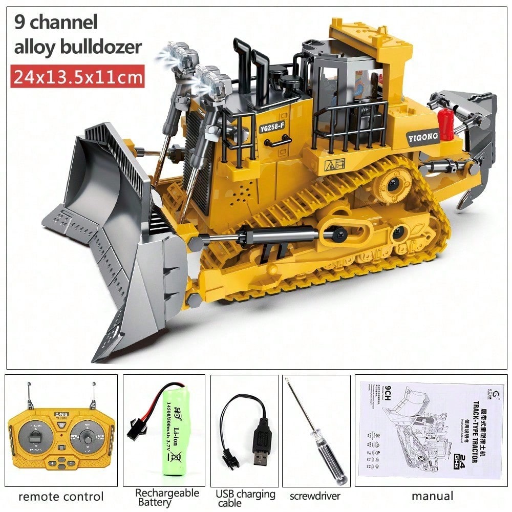 9 Channel Alloy RC Bulldozer – Heavy Duty 2.4GHz Remote Control Construction Truck With Metal Blade & Rechargeable Battery/Toys For Boys/Construction Toys/Cyber Truck/Excavator Toys