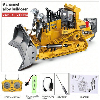 9 Channel Alloy RC Bulldozer – Heavy Duty 2.4GHz Remote Control Construction Truck With Metal Blade & Rechargeable Battery/Toys For Boys/Construction Toys/Cyber Truck/Excavator Toys
