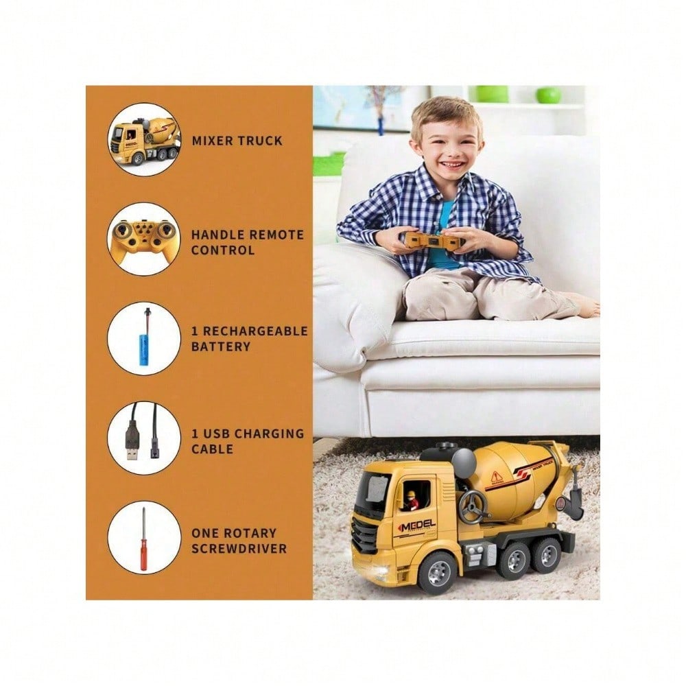 [Children's Day Gift]Grab It Now 1:16 RC Cement Mixer Truck Toy With Lights & Sounds, Rechargeable Battery, 11-Channel Remote Control, Educational Construction Vehicle For Kids/Cyber Truck/Toys For Boys/Construction/Toys For Kids