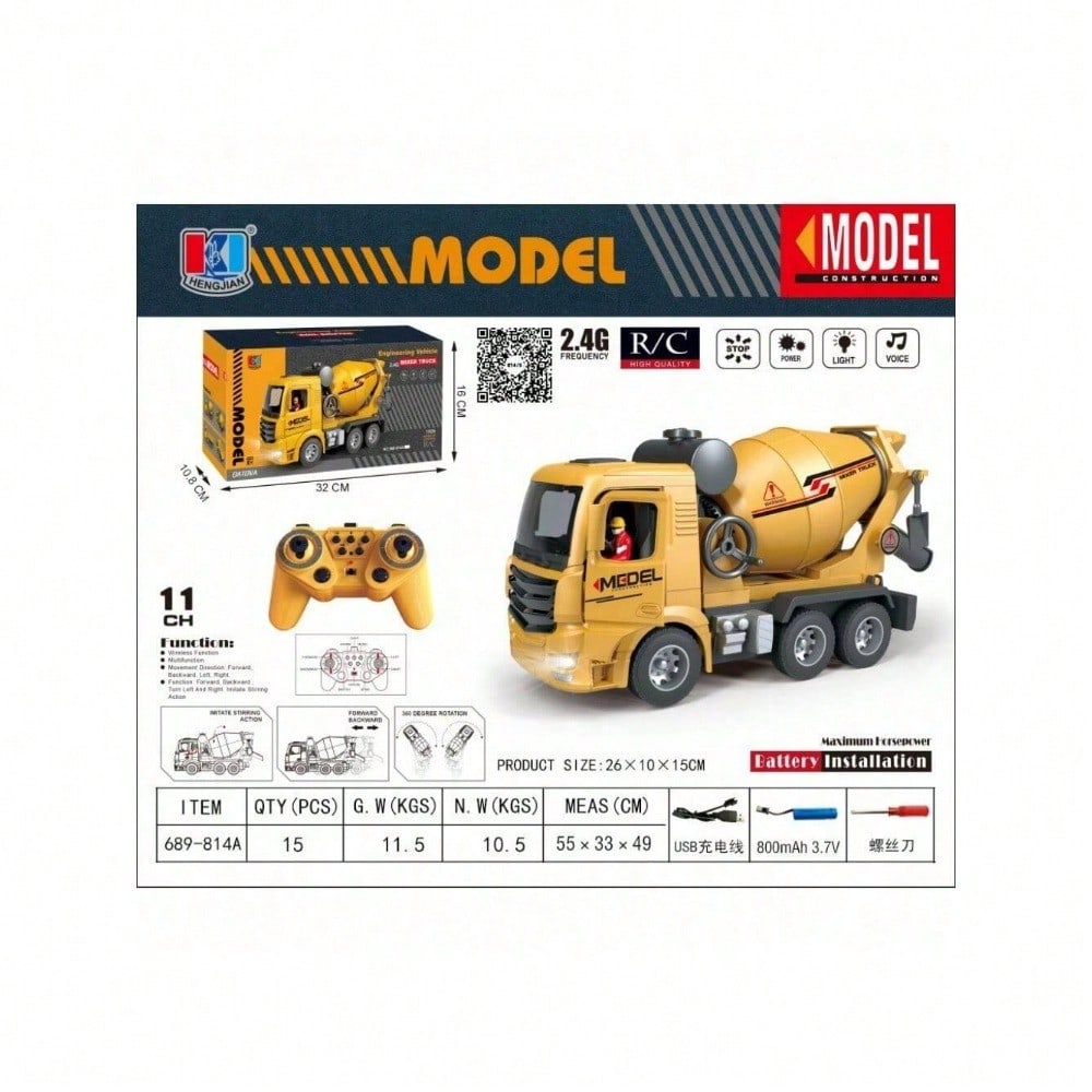 [Children's Day Gift]Grab It Now 1:16 RC Cement Mixer Truck Toy With Lights & Sounds, Rechargeable Battery, 11-Channel Remote Control, Educational Construction Vehicle For Kids/Cyber Truck/Toys For Boys/Construction/Toys For Kids
