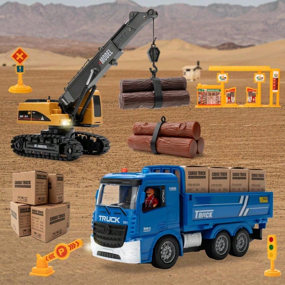 RC Crane & Timber Truck Set – 2-In-1 Remote Control Construction Vehicle Combo With Lights, Logs, And Accessories, Educational DIY Freight Game, Perfect Christmas & Holiday Gift For Kids