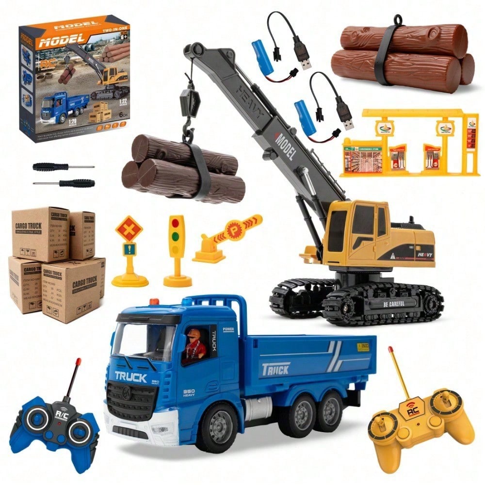 RC Crane & Timber Truck Set – 2-In-1 Remote Control Construction Vehicle Combo With Lights, Logs, And Accessories, Educational DIY Freight Game, Perfect Christmas & Holiday Gift For Kids