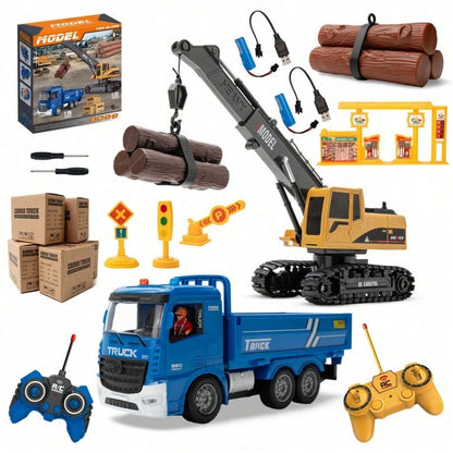 RC Crane & Timber Truck Set – 2-In-1 Remote Control Construction Vehicle Combo With Lights, Logs, And Accessories, Educational DIY Freight Game, Perfect Christmas & Holiday Gift For Kids