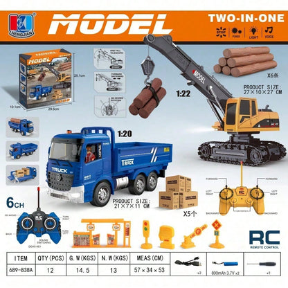 RC Crane & Timber Truck Set – 2-In-1 Remote Control Construction Vehicle Combo With Lights, Logs, And Accessories, Educational DIY Freight Game, Perfect Christmas & Holiday Gift For Kids