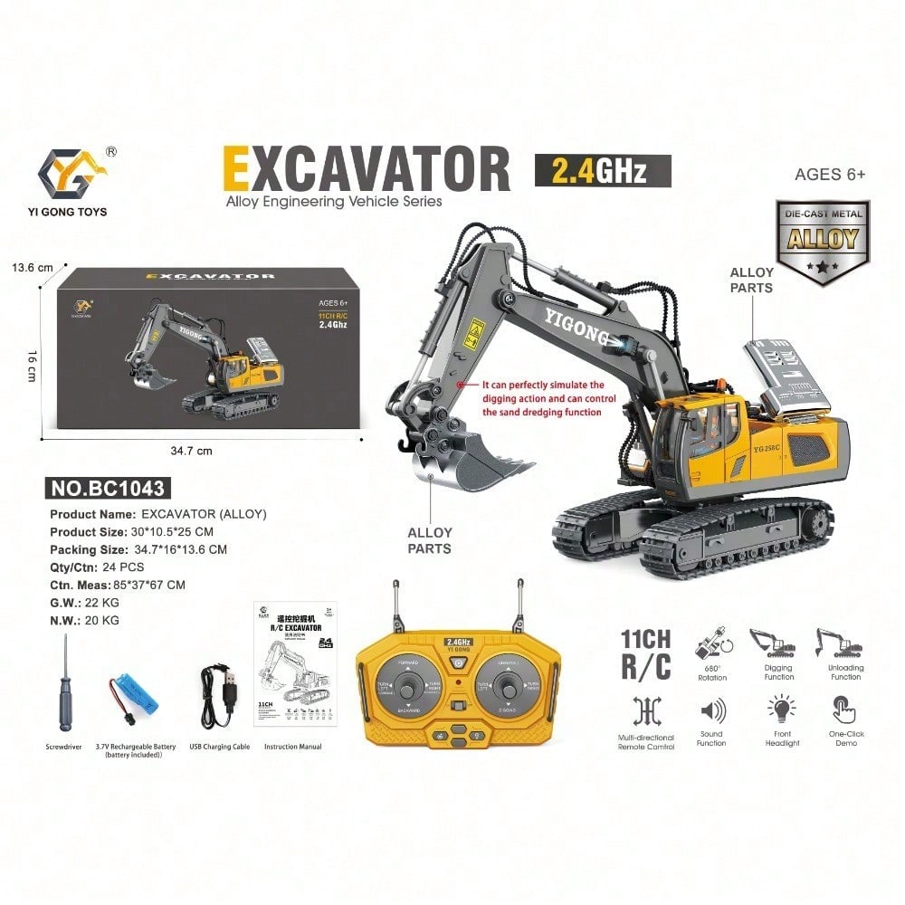 1:20 Scale RC Excavator Toy – Heavy-Duty Remote Control Construction Vehicle With 680° Rotation, Realistic Arm Movement & Metal Bucket, Ideal Christmas & Year-End Gift For Kids