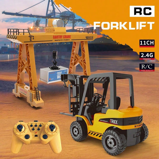 2-In-1 RC Forklift & Crane Truck – 11CH 2.4G Remote Control Construction Vehicle With Manual Lifting Hook & Pallet Accessories, Perfect Christmas & Year-End Gift For Kids