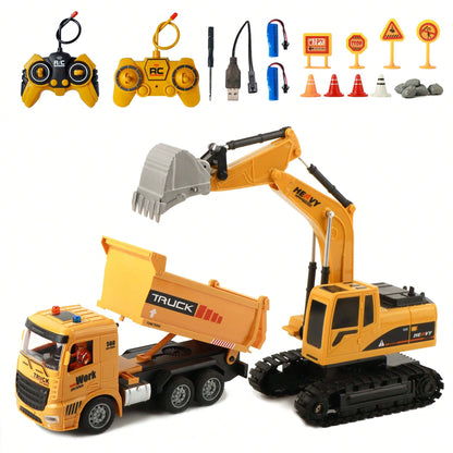 RC Excavator & Dump Truck Set – 2-In-1 Remote Control Construction Vehicle Combo With Lights, Sounds, And Rechargeable Battery, Perfect Christmas & Year-End Gift For Kids