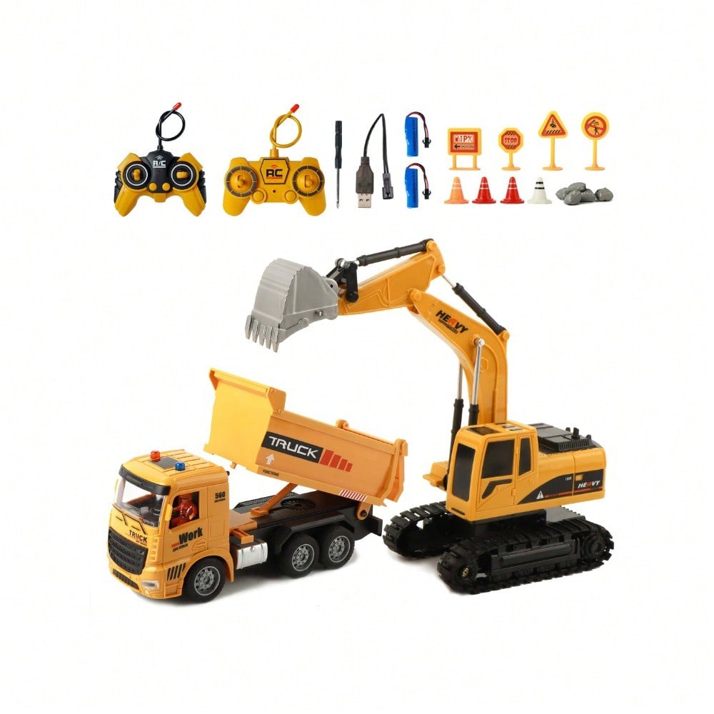 RC Excavator & Dump Truck Set – 2-In-1 Remote Control Construction Vehicle Combo With Lights, Sounds, And Rechargeable Battery, Perfect Christmas & Year-End Gift For Kids