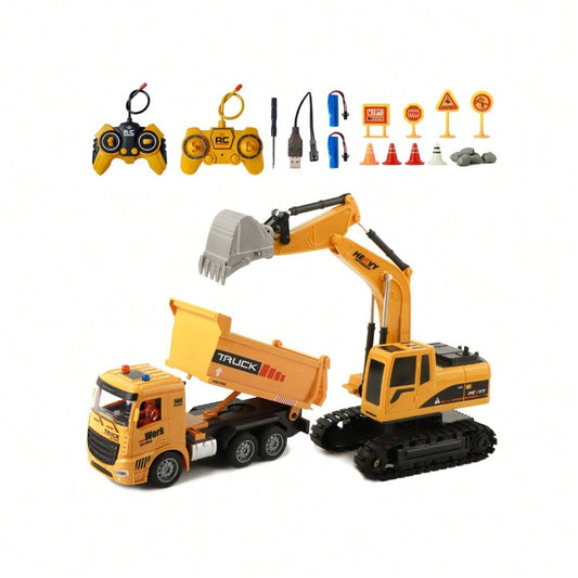 RC Excavator & Dump Truck Set – 2-In-1 Remote Control Construction Vehicle Combo With Lights, Sounds, And Rechargeable Battery, Perfect Christmas & Year-End Gift For Kids