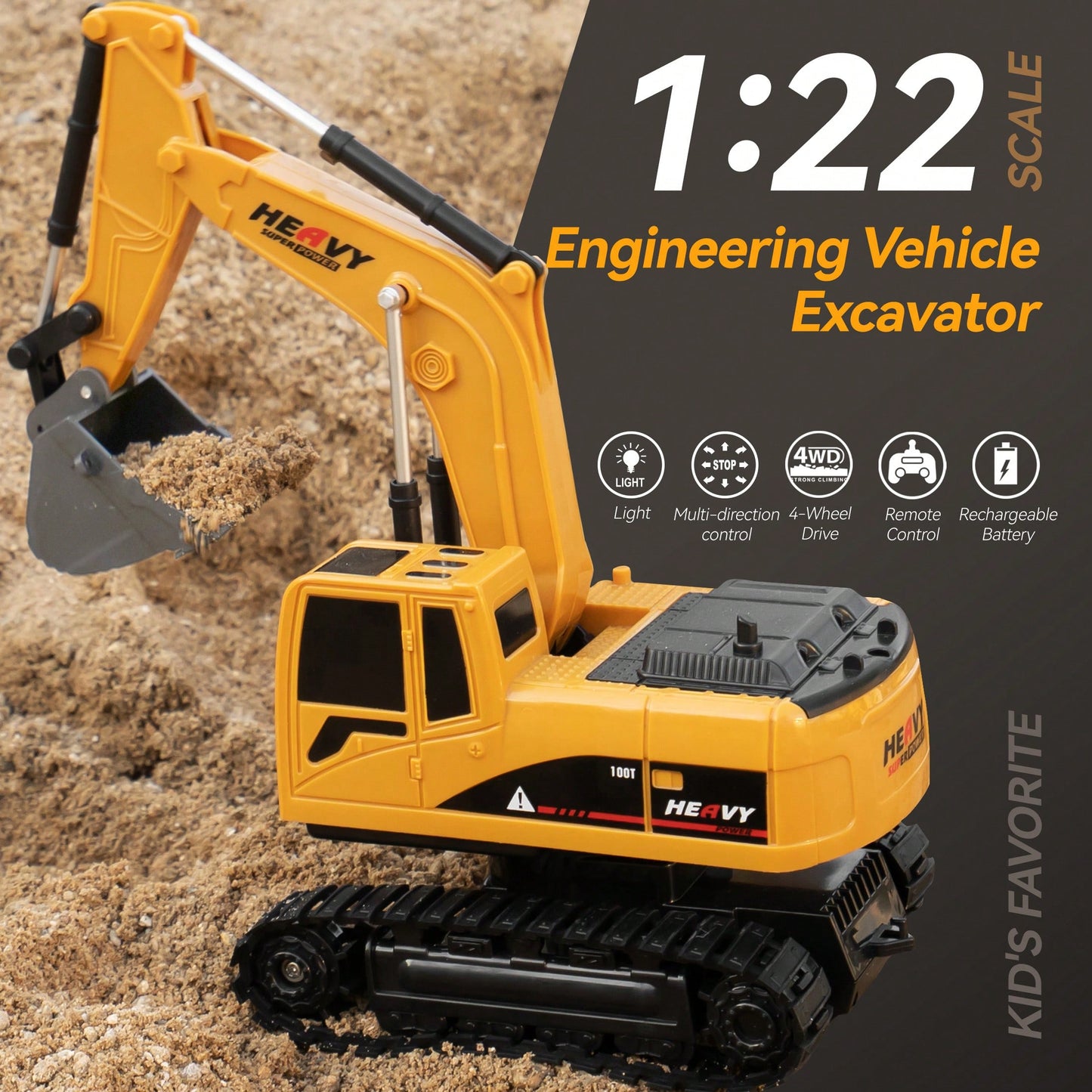 1:22 Scale RC Excavator Toy Truck – 4WD Rechargeable Remote-Control Construction Vehicle With Flexible Arm & Realistic Lights, Perfect Holiday & Year-End Gift For Kids