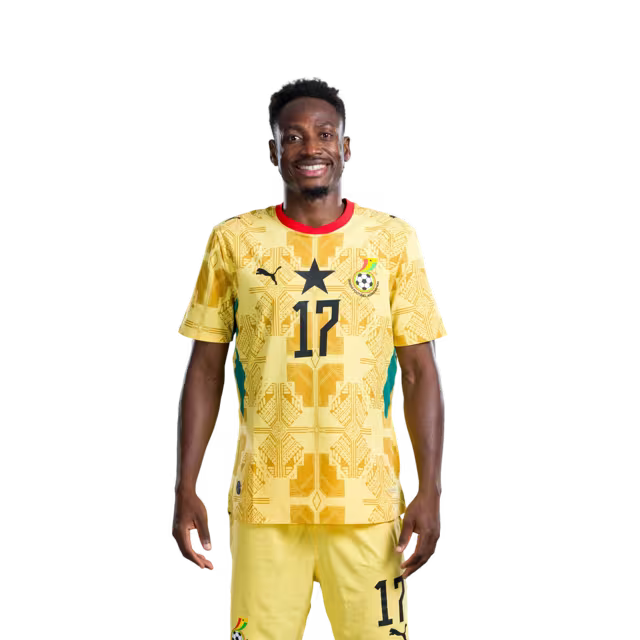 Ghana National Football Team 2026 World Cup Jersey (Player Version/Match Version) — Defenders: No.14 Gideon MENSAH, No.17 Baba RAHMAN,No.18 Jerome OPOKU
