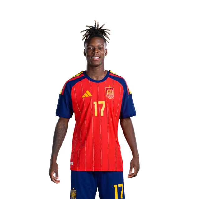 Spain National Team 2026 World Cup Jersey – Player/Match Version – Forwards: No. 17 Nico Williams, No. 19 Lamine Yamal, No. 21 Mikel Oyarzabal / Delanteros Nº 17 Nico WILLIAMS, Nº 19 Lamine YAMAL, Nº 21 Mikel OYARZABAL