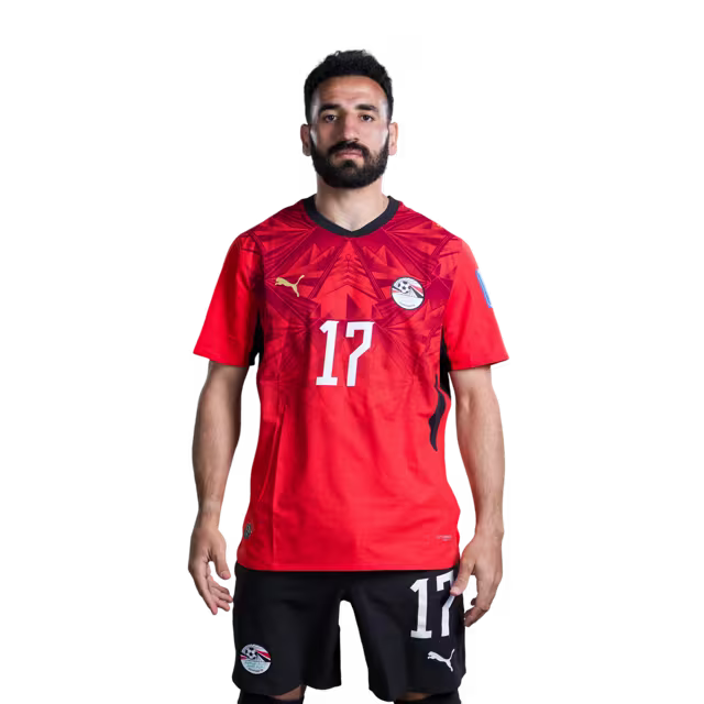 Egypt National Football Team 2026 World Cup Jersey (Player/Match Version) — Midfielders: No. 17 Mohanad Lasheen, No. 18 Nabil Donga, No. 19 Marwan Attia, No. 21 Mahmoud Saber./  رقم 17 مهند لاشين، رقم 18 نبيل دونجا، رقم 19 مروان عطية، رقم 21 محمود صابر.