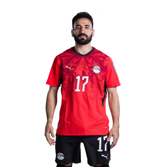 Egypt National Football Team 2026 World Cup Jersey (Player/Match Version) — Midfielders: No. 17 Mohanad Lasheen, No. 18 Nabil Donga, No. 19 Marwan Attia, No. 21 Mahmoud Saber./  رقم 17 مهند لاشين، رقم 18 نبيل دونجا، رقم 19 مروان عطية، رقم 21 محمود صابر.