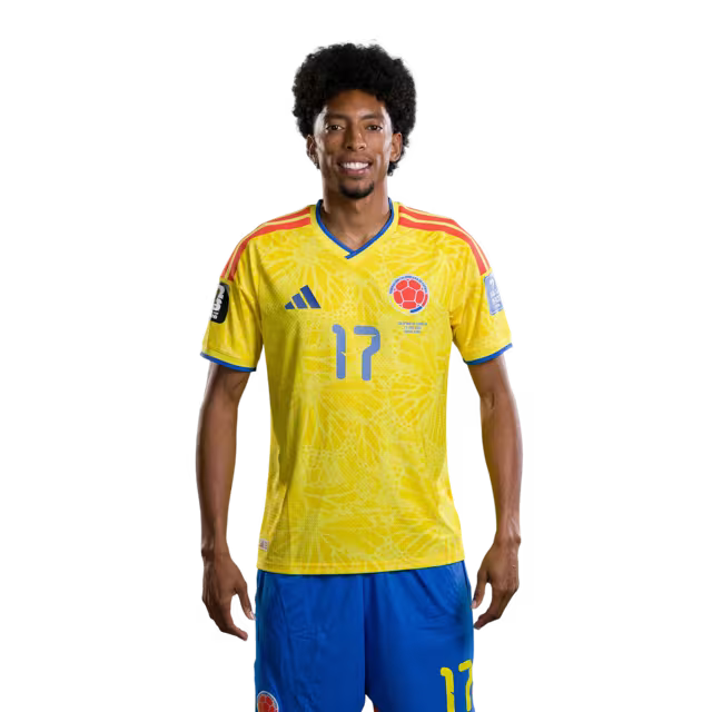 Colombia National Football Team 2026 World Cup Jersey (Player Version/Match Version) — Defenders: No. 13 Yerry Mina, No. 14 Gustavo Puerta, No. 17 Johan Mojica/Defensas: N.º 13 Yerry MINA, N.º 14 Gustavo PUERTA, N.º 17 Johan MOJICA