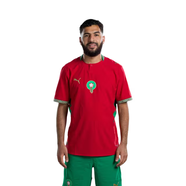 Morocco National Football Team 2026 World Cup Jersey (Player/Match Version) — Forwards: No. 9 Soufiane Rahimi, No. 10 Brahim Díaz, No. 17 Ismael Saibari./ المهاجمون: رقم 9 سفيان رحيمي، رقم 10 إبراهيم دياز، رقم 17 أمين الصيباري.