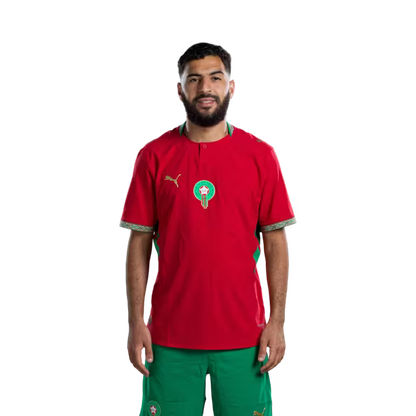 Morocco National Football Team 2026 World Cup Jersey (Player/Match Version) — Forwards: No. 9 Soufiane Rahimi, No. 10 Brahim Díaz, No. 17 Ismael Saibari./ المهاجمون: رقم 9 سفيان رحيمي، رقم 10 إبراهيم دياز، رقم 17 أمين الصيباري.