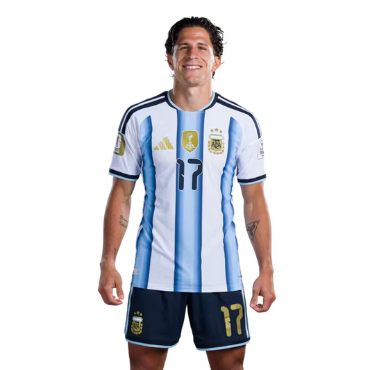 Argentina National Football Team 2026 World Cup Jersey (Player Version/Match Version) — Midfielders: No.17 Giuliano SIMEONE, No.18 Nico PAZ, No.21 Jose Manuel LOPEZ, No. 22 Lautaro MARTINEZ / Camiseta de la selección argentina de fútbol