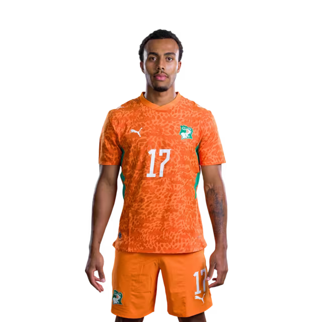 Côte d'Ivoire National Team 2026 World Cup Jersey (Player Version/Match Issue) — Defenders: No. 7 Odilon Kossounou, No. 3 Christopher Operi, No. 17 Guela Doué/ Défenseurs : n° 7 Odilon Kossounou, n° 3 Christopher Operari, n° 17 Guela Doue