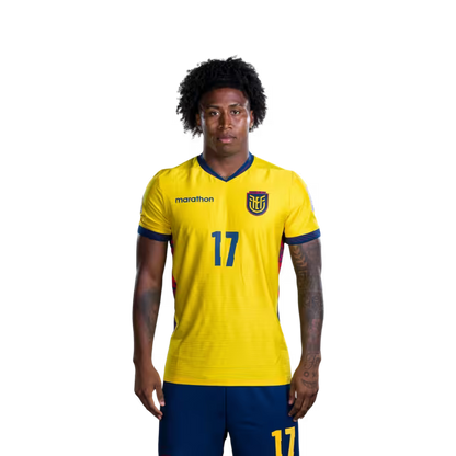 Ecuador National Team 2026 World Cup Jersey (Player Version/Match Version) — Defenders: No. 6 Willian Pacho, No. 7 Pervis Estupiñán, No. 17 Ángelo Preciado./ Defensores: No.6 Willian PACHO, No.7 Pervis ESTUPINAN, No.17 Angelo PRECIADO