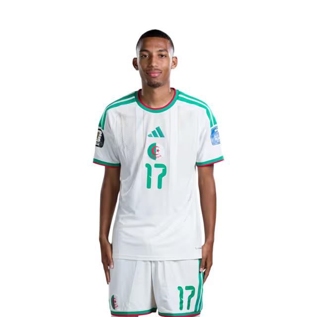 Algeria national football team 2026 World Cup jersey (player/match version) — Defenders: No. 17 Rafik Belghali, No. 21 Ramy Bensebaini, No. 26 Samir Chergui./المدافعون: رقم 17 رفيق بلغالي، رقم 21 رامي بن سبعيني، رقم 26 سمير شرقي