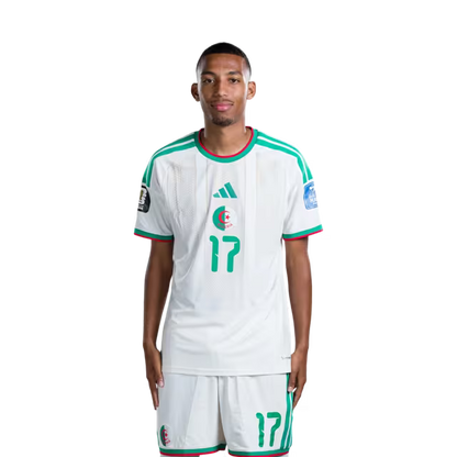 Algeria national football team 2026 World Cup jersey (player/match version) — Defenders: No. 17 Rafik Belghali, No. 21 Ramy Bensebaini, No. 26 Samir Chergui./المدافعون: رقم 17 رفيق بلغالي، رقم 21 رامي بن سبعيني، رقم 26 سمير شرقي